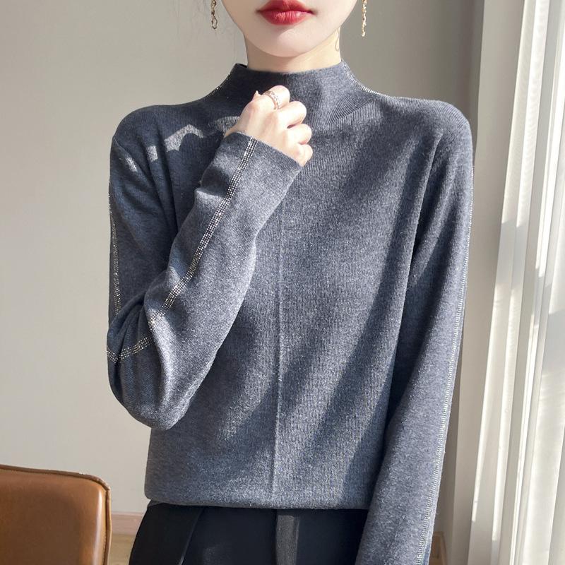 Semi-Turtleneck Bottoming Shirt, Spring New Slim-Fitting And Thin Knitted Sweater, Diamond-Encrusted Wool Inner With Long-Sleeved Top