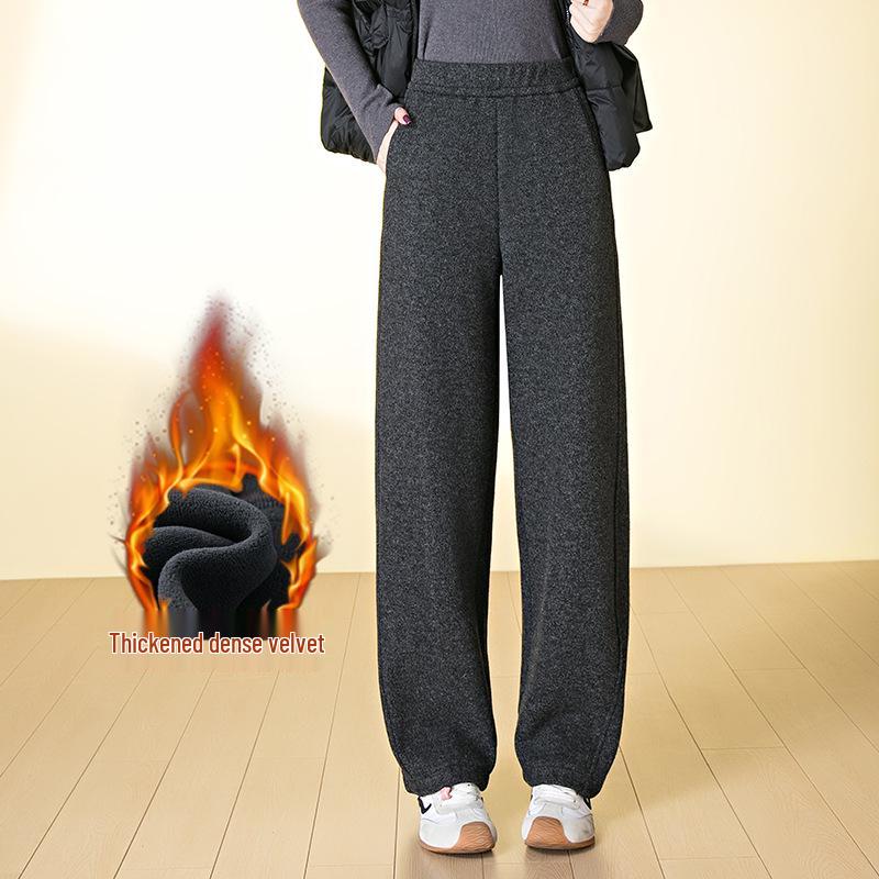 Women's Winter Thickened Velvet Wide-Leg Wool Pants - High Waist Slimming Casual Straight Leg Design.