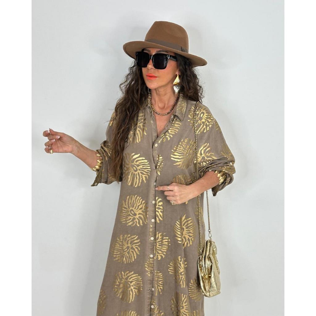 Women's Lapel Printed Gold Stamping Loose Casual Long Sleeve Plus Size Dress, Cross-border New Arrival