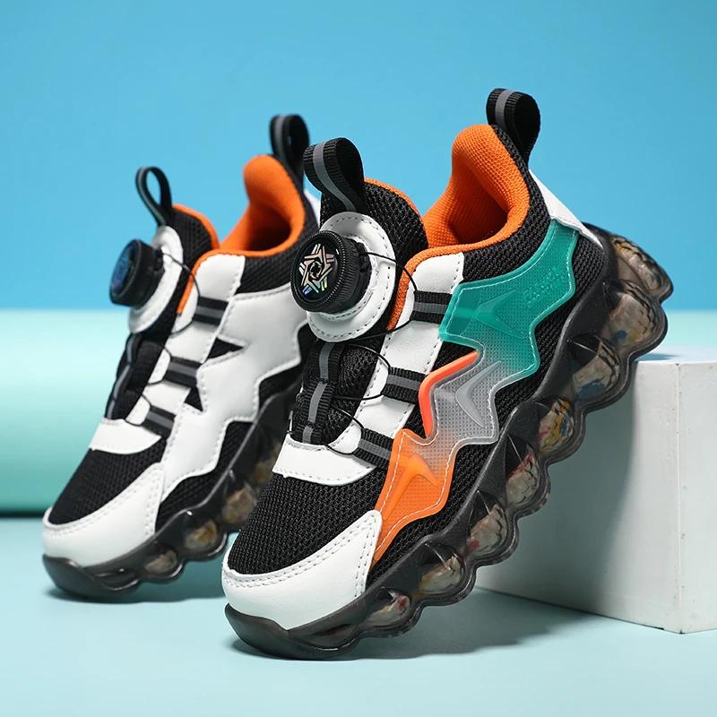 Kids Breathable Mesh Sneakers Thick Sole Rotary Buckle Unisex Outdoor Running Casual Shoes For Boys And Girls 30