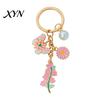 Enamel Pendant Keychain with Round Imitation Pearls, Flower Butterfly Charm Key Ring, Pastoral Style Layered Holder