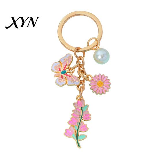 Enamel Pendant Keychain with Round Imitation Pearls, Flower Butterfly Charm Key Ring, Pastoral Style Layered Holder