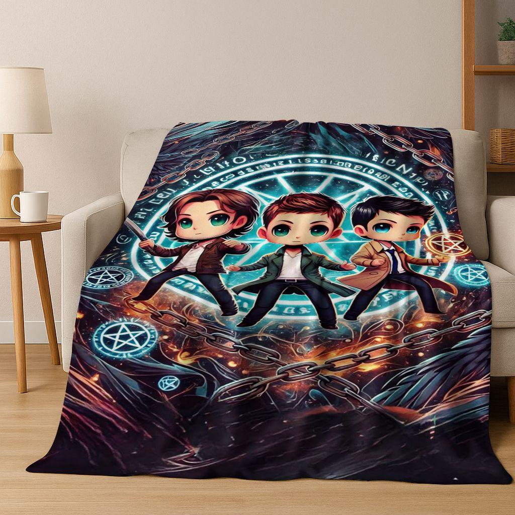 SPN Supernatural Dean Sam Winchester Castiel Flannel Blanket,Cozy Soft Throw Blanket for Home Bedroom Bed Sofa Cover Kids Gift