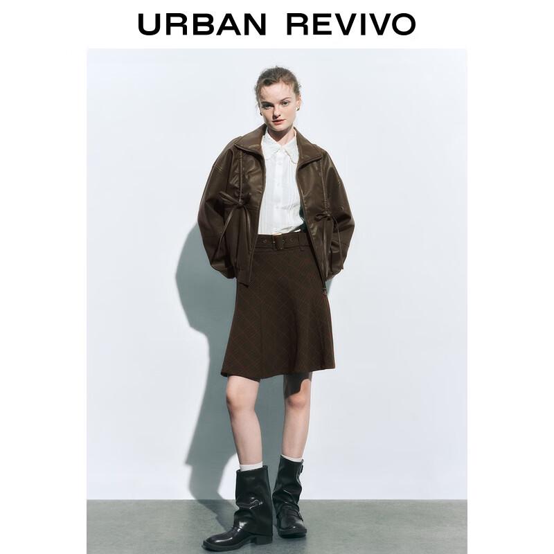 UR Women's 2025 Autumn Bowknot Pleated PU Leather Jacket