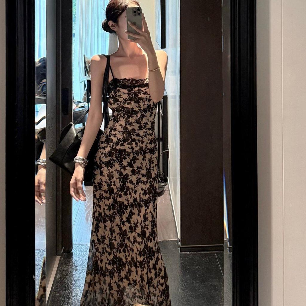 Super Good-looking Waist Suspender Skirt Vacation Style Lace Lace Floral Dress Summer Backless A-word Long Dress