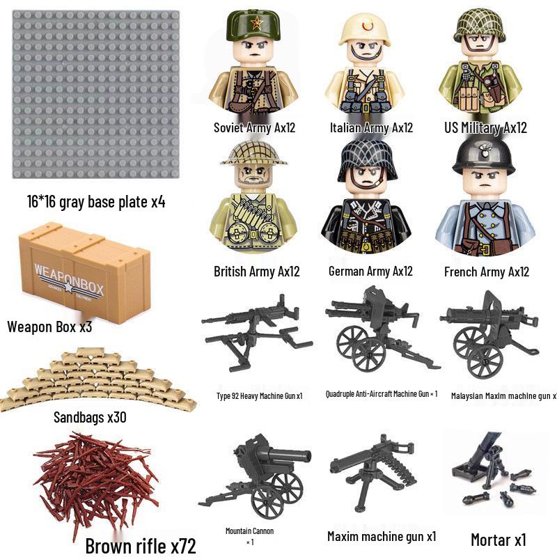 WWII Military Series Building Blocks: Soldier Set with Weapons & Sandbags - Children s Toy Collection