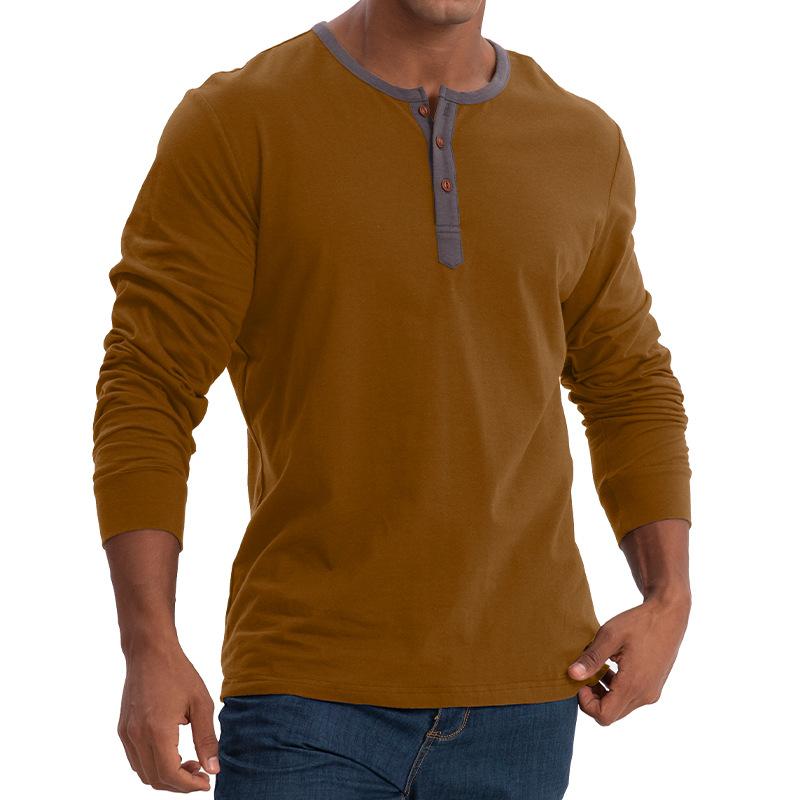 Men's Henley-style round-neck long-sleeved T-shirt Men's loose-fitting sports top