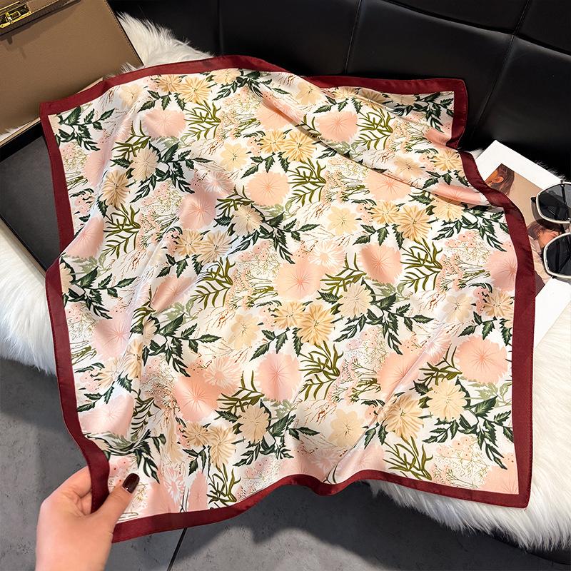 French Light Luxury Floral Small Square Scarf Simulation Silk Printing Silk Scarf Headscarf Women's Spring and Summer Scarf Temperament Scarf Scarf N