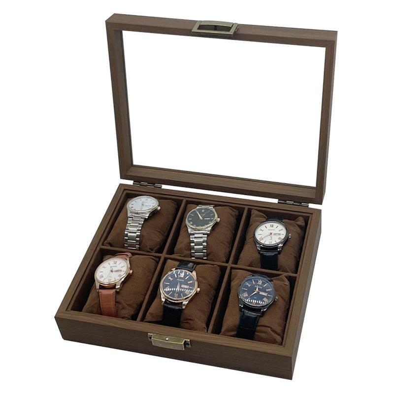 Retro Black Walnut 6-Piece Watch Storage Box with Silk Cotton Pillow