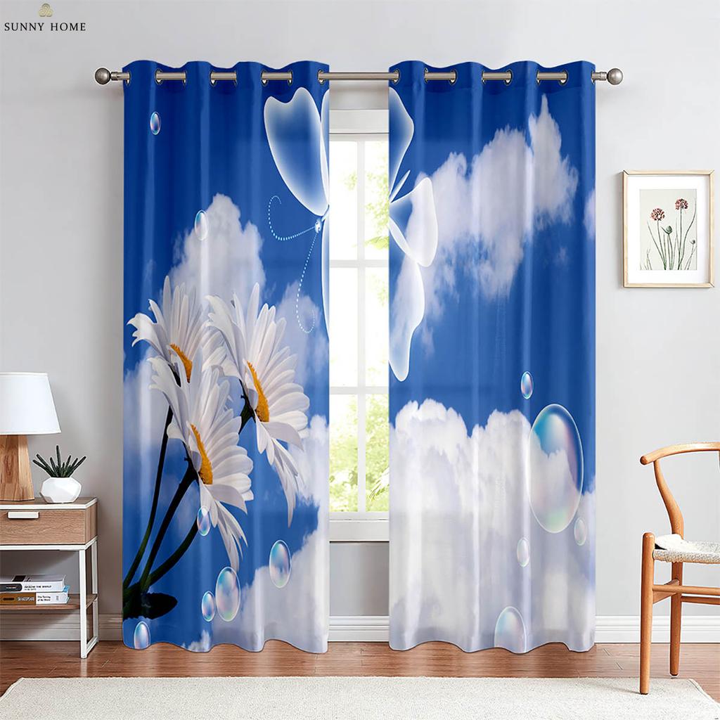 Window Curtains Floral Butterfly Print Curtains Pastoral Style Bedroom Living Room Kitchen Decorative Curtains 2 Pieces