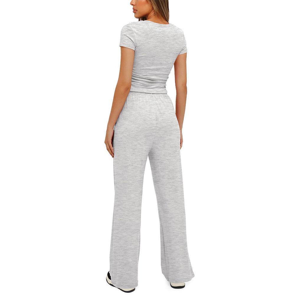 Ladies' Slim Fit Solid Color Casual Short Sleeved Top, High Waist Wide Leg Pants Sports Suit