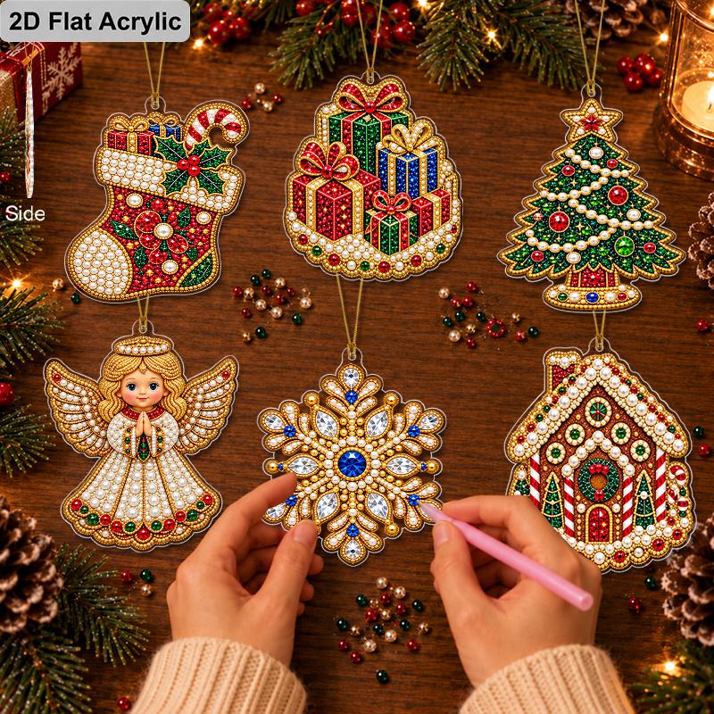 2D Flat 12Pcs DIY Acrylic Pearl Diamond Painting Christmas Ornaments Kit, Tree Hanging Decorations with Stocking, Gift Box, Angel, Nativity Scene