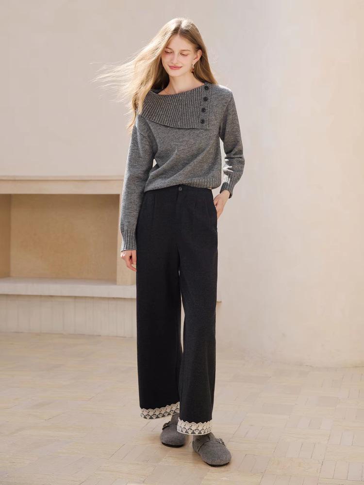 Women's 100% Pure Wool Asymmetrical Lapel Pullover Sweater - Thickened Knitwear for Autumn & Winter