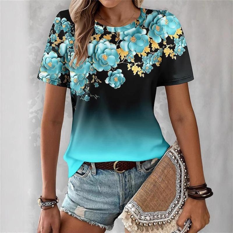 Spring Summer Printed Pattern Comfortable Loose Round Neck Short Sleeved Women's T-shirt