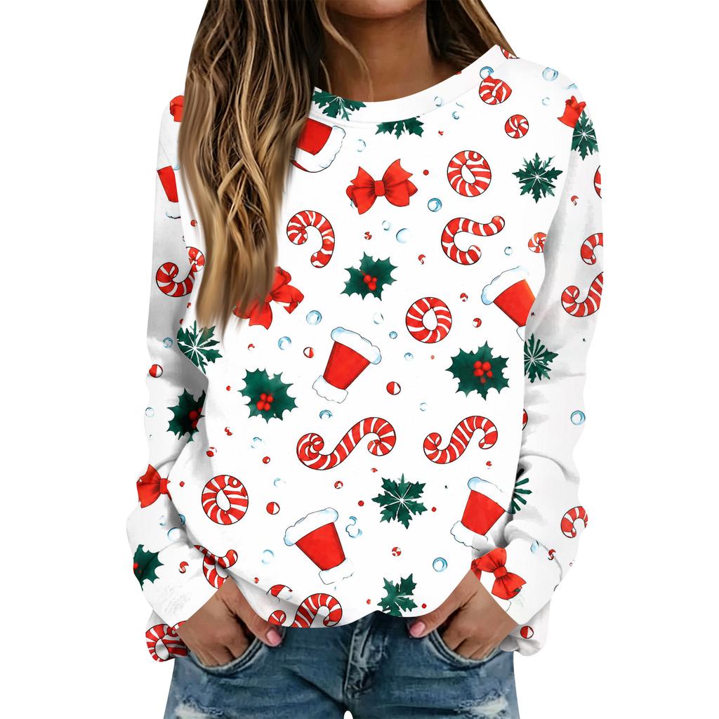 Women's Casual Long Sleeve Christmas Print Crewneck Top for Holiday Everyday Wear