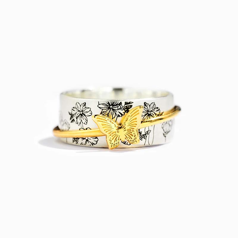 Huitan Creative Rounding Butterfly Ring for Women Punk Gothic Black Flower Caved Finger Rings Chic Girls Accessory Retro Jewelry
