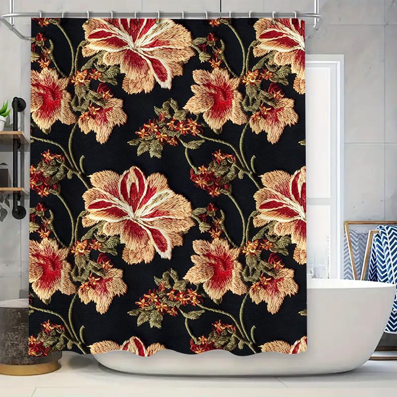 

Vintage Bohemian Bath Curtains Floral Print Shower Curtain For Bathroom Decor Black Red Beige White Embroidered Fabric Waterproo W60H190(CM)-1 Pcs