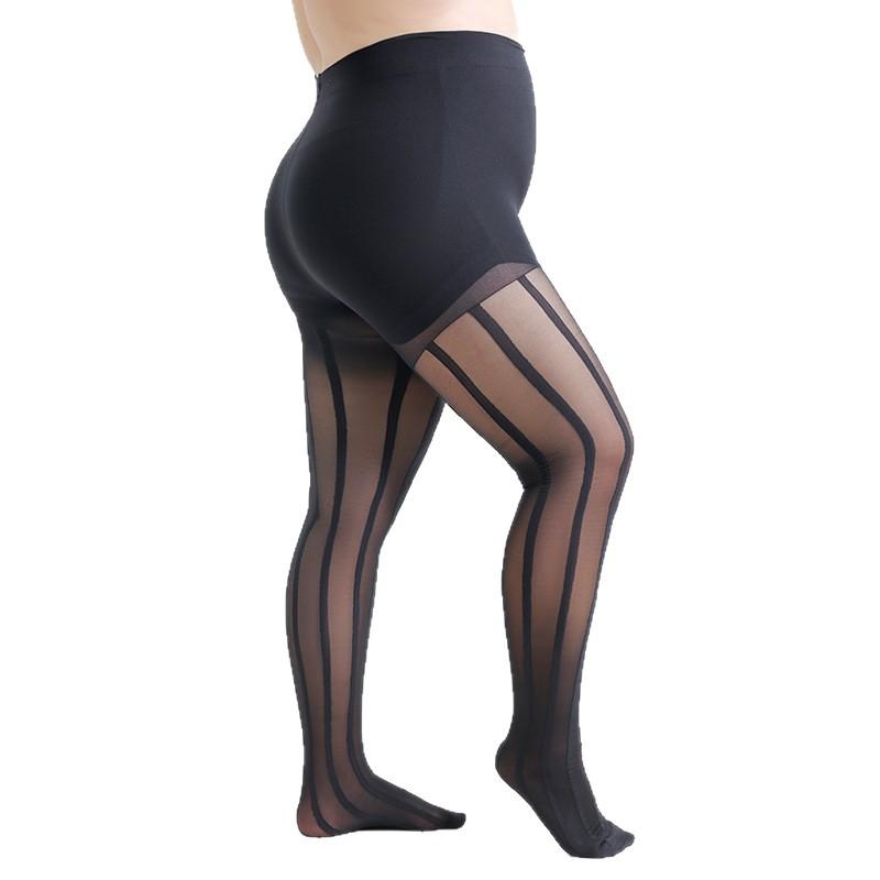 Yiran Sexy Lingerie Women's Black Plus Size 2XL/4Xl Sheer Tights With Opaque Vertical Stripes For Fashion Accessory 20 Denier Nylons Pantyhose Cm