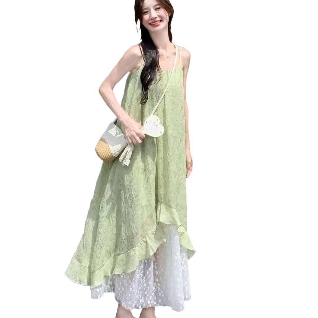 Plus Size 2026 French Style Print Patchwork Irregular Spaghetti Strap Summer Beach Dress