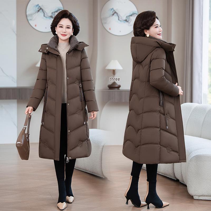 Women's XL-7X Down Cotton Long Jacket - Over-the-Knee Slimming Outerwear for Middle-Aged and Elderly
