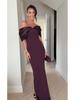 Abito Maxi da Donna a Spalle Scoperte Satinato Color Block Fiocco Dorato Elegante Abito da Sera Nero