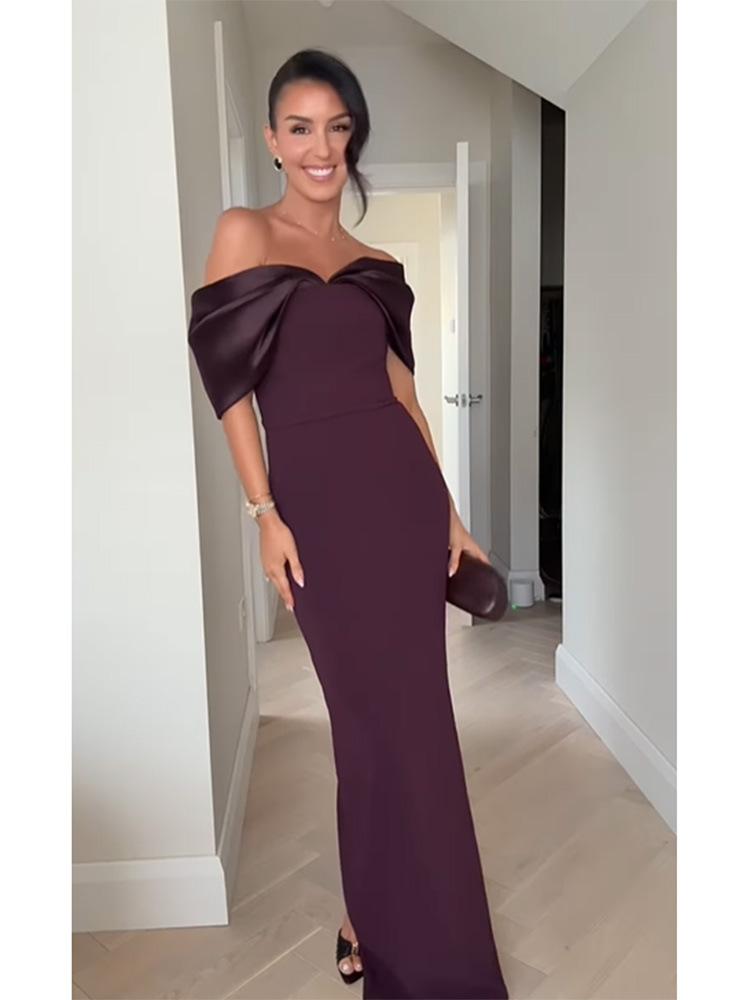Abito Maxi da Donna a Spalle Scoperte Satinato Color Block Fiocco Dorato Elegante Abito da Sera Nero