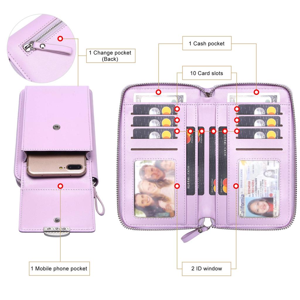 Malá crossbody kabelka KUKOO Peněženka na mobilní telefon se slotem na kreditní kartu pro fialový zip pro ženy v upgradu, - verze, one_size
