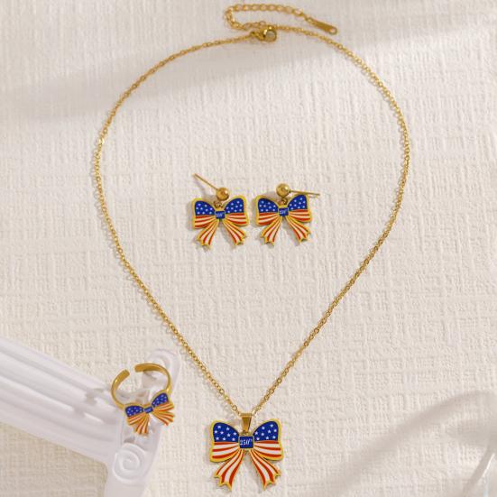 Yousheng 250th Anniversary Jewelry Set, USA Flag Pattern Bowknot Stud Earrings, Adjustable Fit Choker Necklace, Independence Day Commemorative Bow