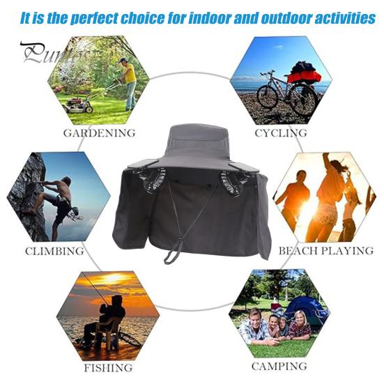 Solar Fan Hat with Neck Flap UPF 50+ UV Protection Hat with 2 Solar Fans Breathable Men Summer Outdoor Activities Fishing Wide Brim Bucket Cap