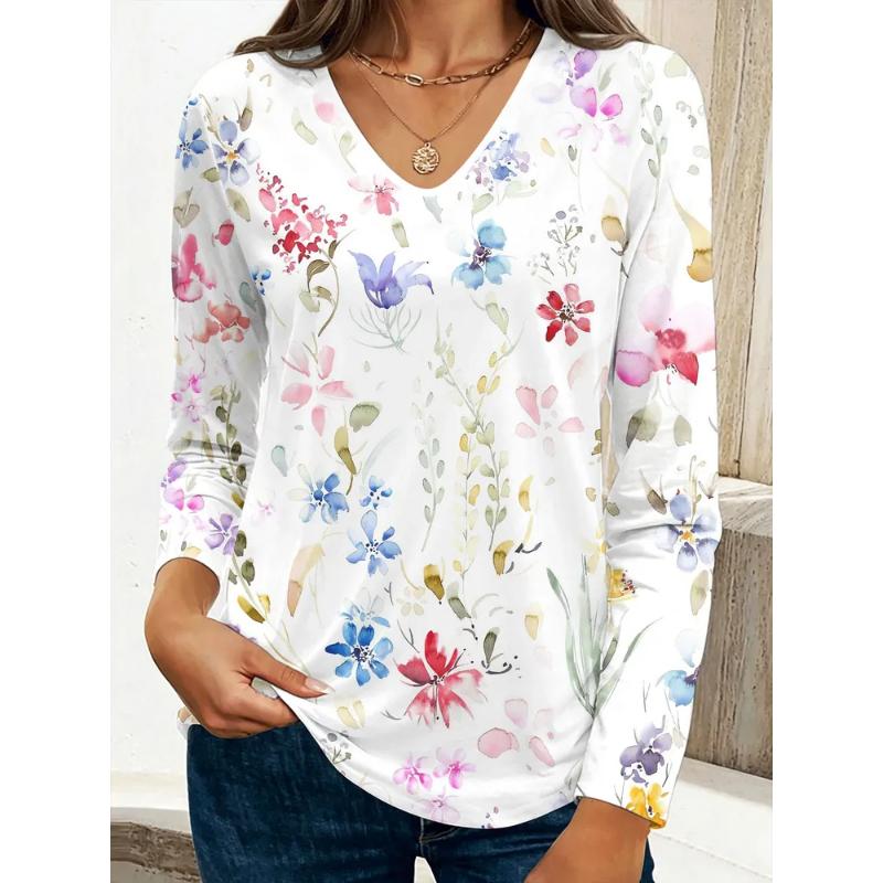 Fashion Women's V-Neck Long Sleeve 3D Casual Color Printing Casual Long Sleeve V-Neck T-Shirt