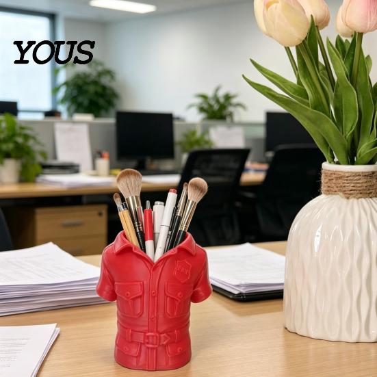 Bright Red Desk Decor 3D Printed Shirt-Shaped Pen Holder, Creative Workwear Organizer for Pencils Markers Unique Office Accessory Scissors,