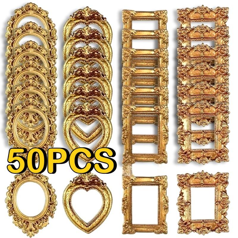 50pcs Vintage Mini Baroque Picture Frame Set Small Baroque Resin Jewelry Holder Mini Rectangle Display Table Wall Hanging Decor