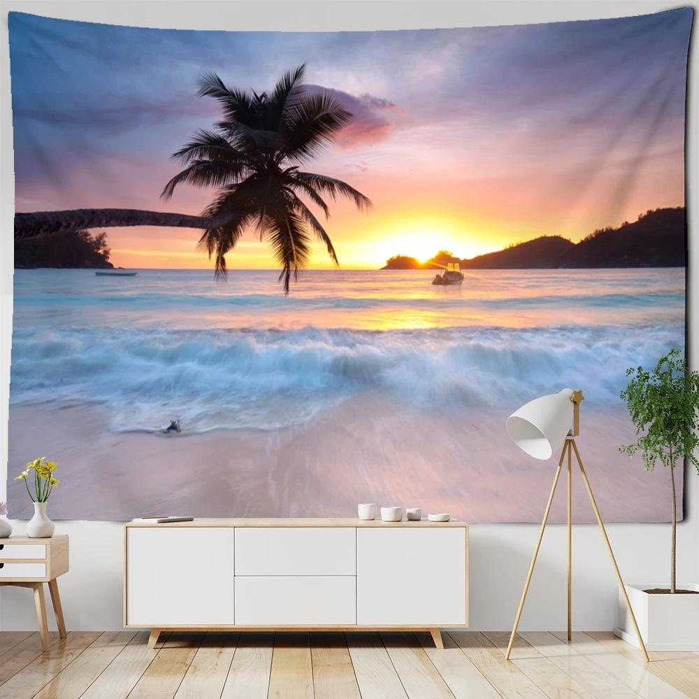 Sunset Coconut Tree Seaside Scenery Tapestry Bohemian Style Aesthetics Room Background Cloth Tapiz Decor
