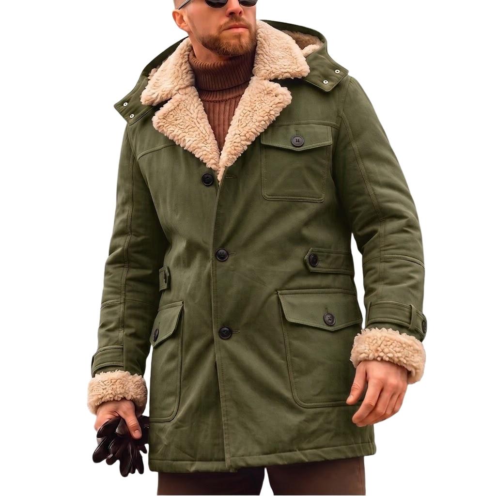 Men's Twill Hooded Jacket with Thick Warm Coat Outerwear