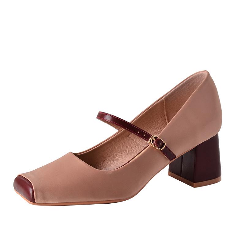 French Retro Pig Nose Square Toe Mary Jane Chunky Heels for Women - Spring/Autumn Style