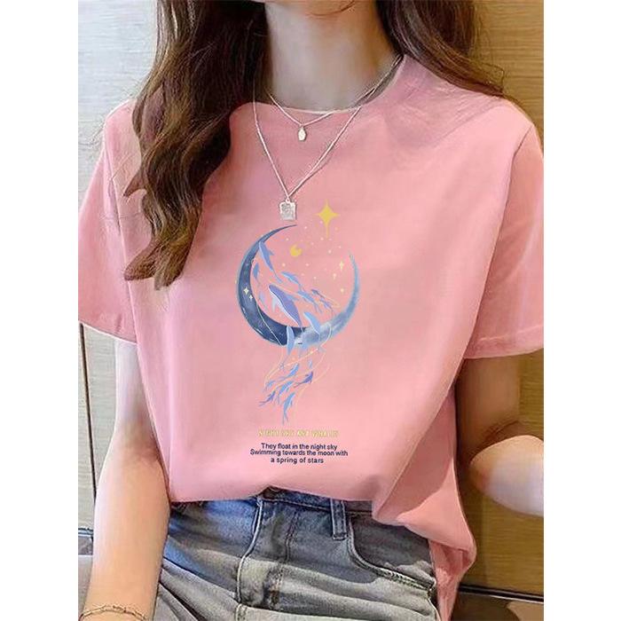 Pure Cotton Loose Short-sleeved T-shirt Women's Summer Wear New Beautiful Top Design Sense Moon Print Women's Crew Neck Spring and Autumn