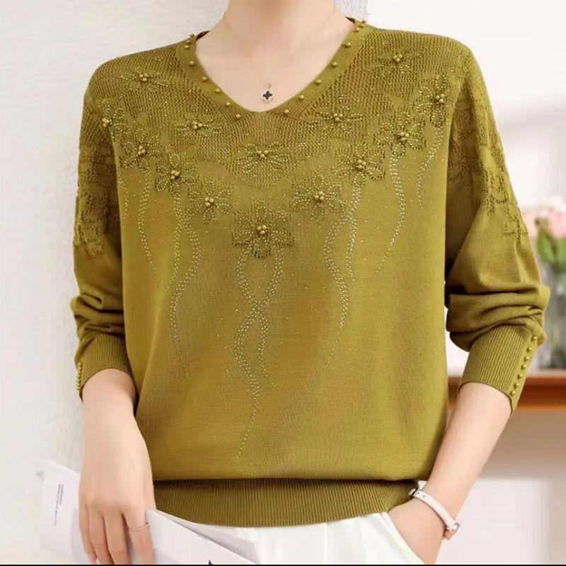 Pulover Tricotat Mărimi Mari pentru Femei, Larg, cu Mărgele, Gât în V, Subțire, Top Tricotat