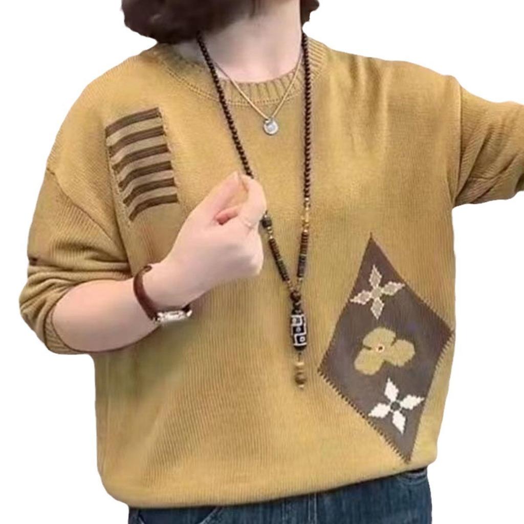 Svetr s volným střihem, květinovým žakárovým vzorem a kulatým výstřihem pro ženy, podzimní zimní etnický pletený top