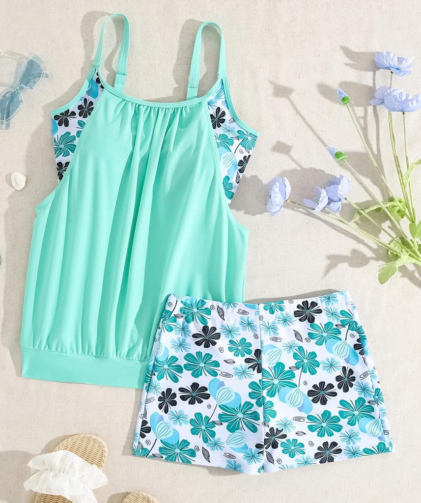 Damskie Stroje Kąpielowe Wzory Kontrastujące Szorty z Szelkami Split Bikini Strój Kąpielowy Odzież Plażowa Stroje Kąpielowe