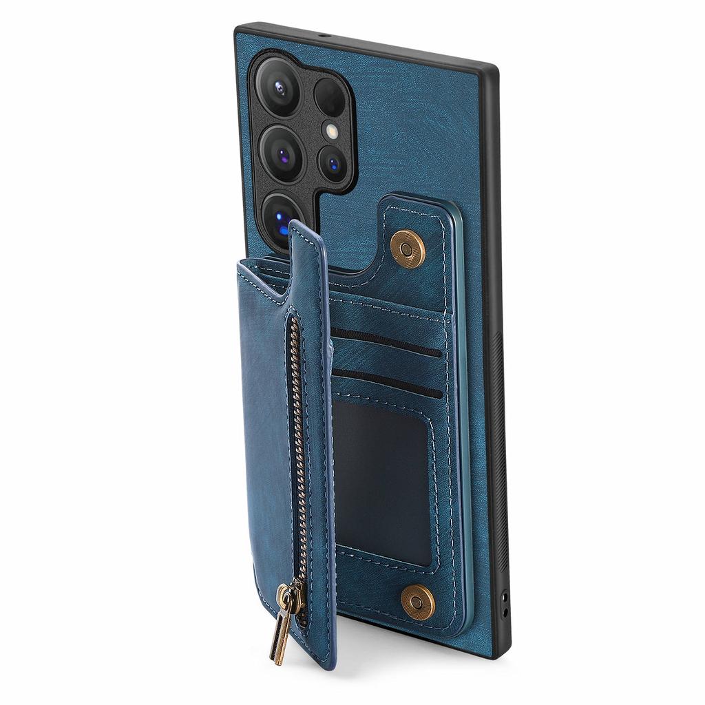 D15 For Samsung Galaxy S24 Ultra Case Card Slot Leather+TPU Zipper Kickstand Retro Phone Cover