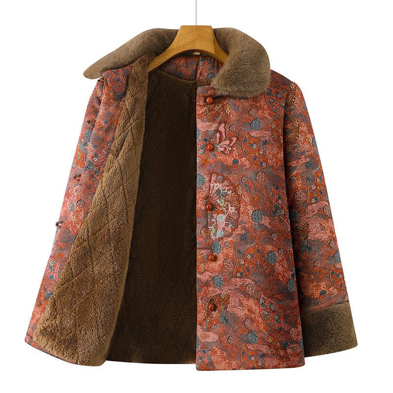 Winter Plus Velvet Coat for Middle-Aged and Elderly Women, Elegant Chinese Style Mother's Clothing, Warm Thick Cotton Jacket.