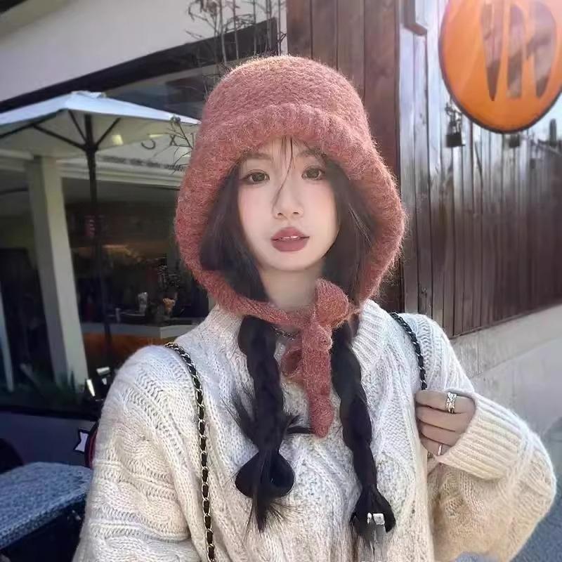 Korean Style Fashion Bag Hat for Women Autumn and Winter Solid Color Casual Large Headband Strap Knitted Wool Hat Balaclava
