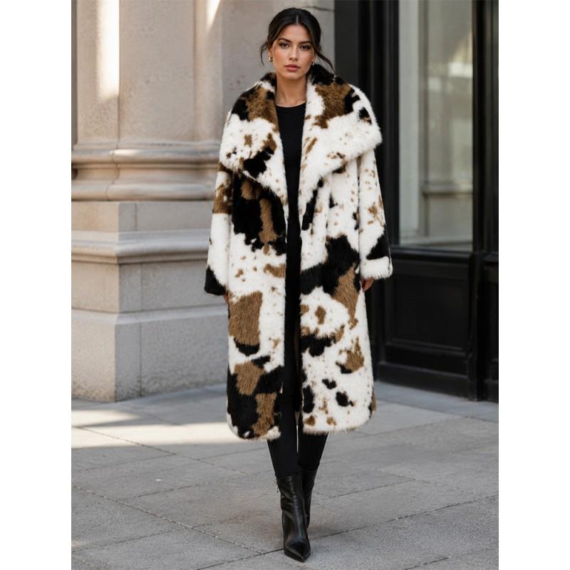 Cow Print Faux Fur Long Coat Women Oversized Lapel Winter Warm Outerwear Street Style
