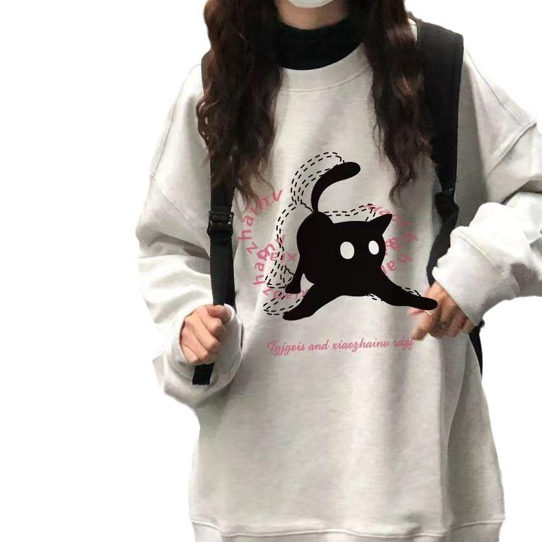 Słodka Dziewczyna Okrągły Dekolt Casualowy Sweter z Podszewką Jesień i Zima Luźny Długi Rękaw Cienka Sekcja Topy Ubranie Zewnętrzne dla Ucznia Retro Wszechstronna Bluza