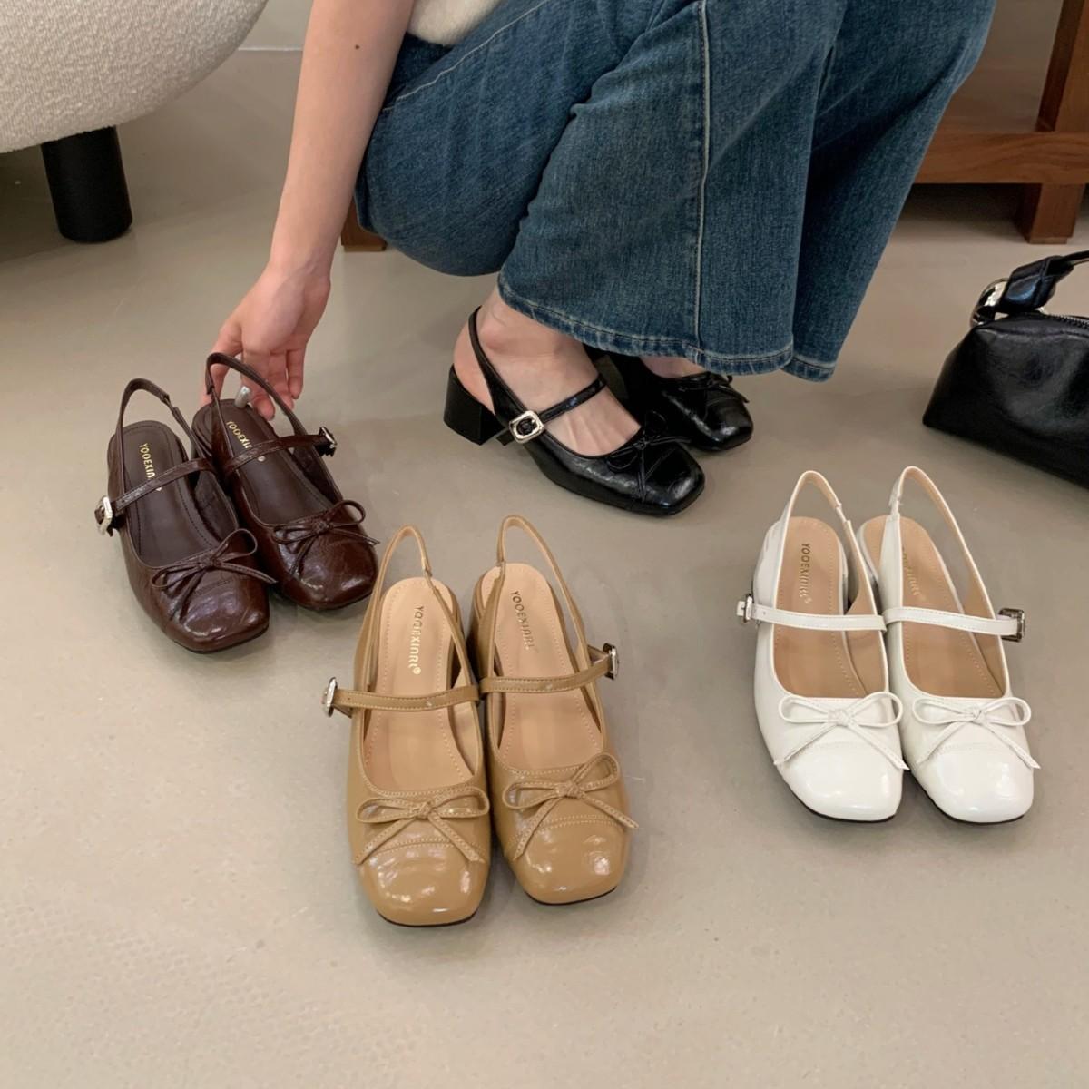 

2025 autumn and winter new round head bow with thick middle heel outer wear OL Mary Jane women s empty shoes 39 покинуть белый