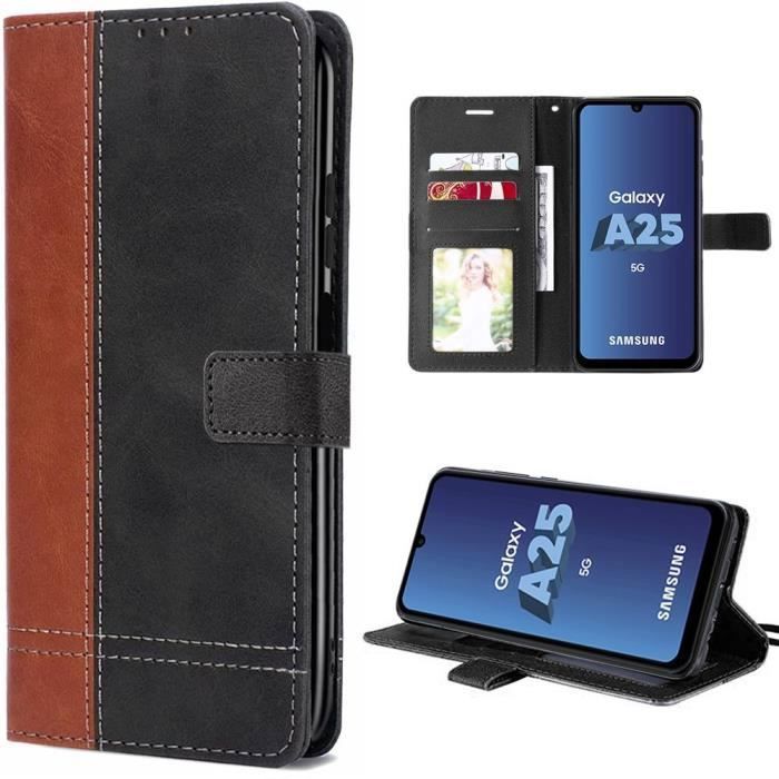 Shockproof Case for Samsung Galaxy A25 5G, PU Leather Case with Card Pocket and Stand Function, Two-tone Brown
