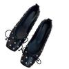 Sheepskin version~ niche square head temperament flat bottom rivet one pedal round head bow light mouth ballet shoes women's single shoes