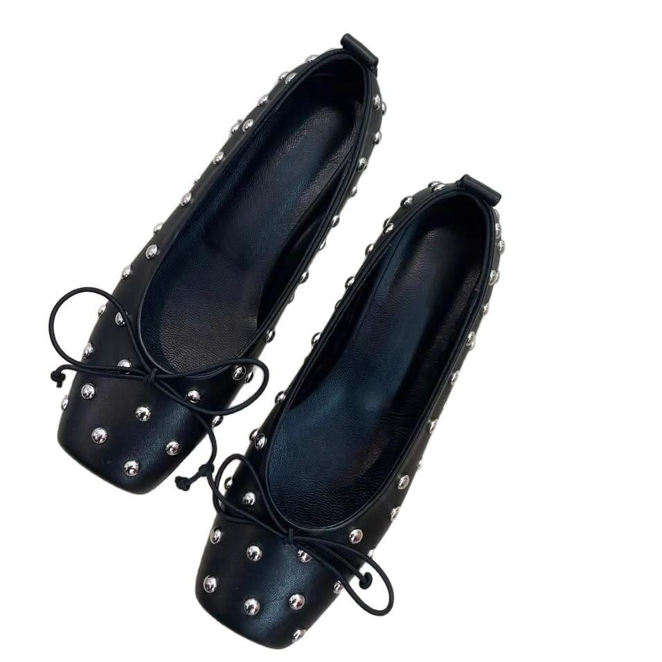 Sheepskin version~ niche square head temperament flat bottom rivet one pedal round head bow light mouth ballet shoes women's single shoes