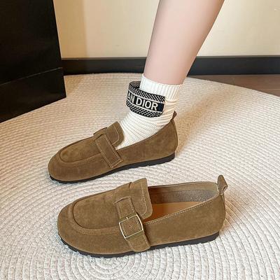 Fashion Suede Woman Loafers Belt Buckle Round Toe Vintage Flat Shoes Comfortable Slip On Single Shoes Casual Soft Sole Leather Shoes New
