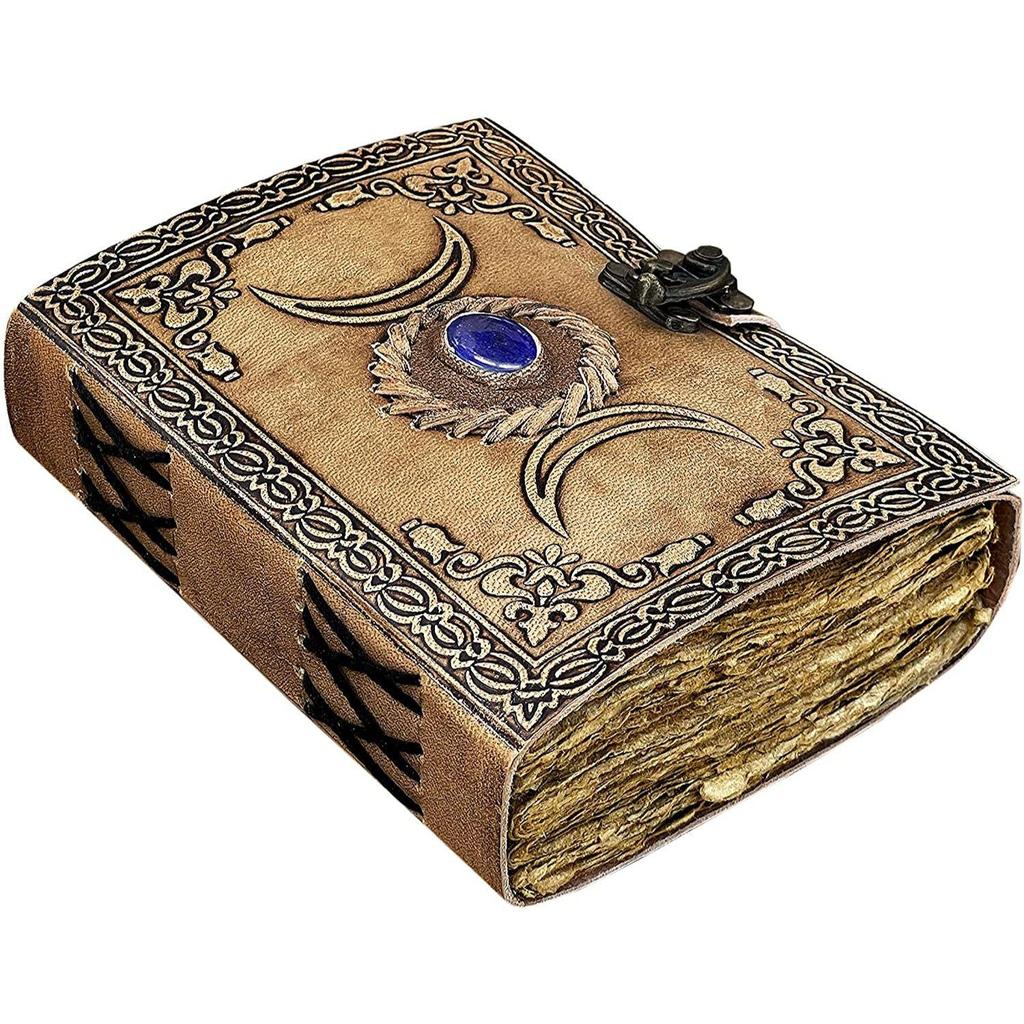 Vintage Läder Keltisk Trefaldig Måne Grimoire Svart Skuggornas Bok Besvärjningsbok Journal för Män Kvinnor, Wicca Wiccan Pagan Hekseri Skrivbok